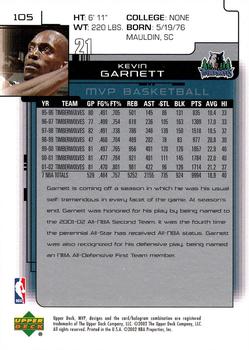 2002-03 Upper Deck MVP #105 Kevin Garnett Back
