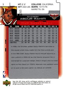2002-03 Upper Deck MVP #1 Shareef Abdur-Rahim Back