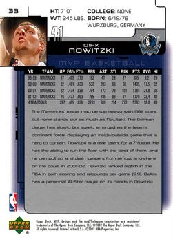2002-03 Upper Deck MVP #33 Dirk Nowitzki Back