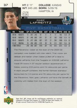 2002-03 Upper Deck MVP #37 Raef LaFrentz Back