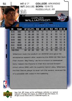 2002-03 Upper Deck MVP #51 Corliss Williamson Back