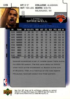 2002-03 Upper Deck MVP #119 Latrell Sprewell Back