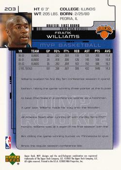 2002-03 Upper Deck MVP #203 Frank Williams Back