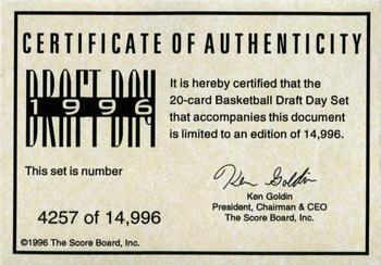 1996 Score Board Draft Day #NNO Certificate of Authenticity Front