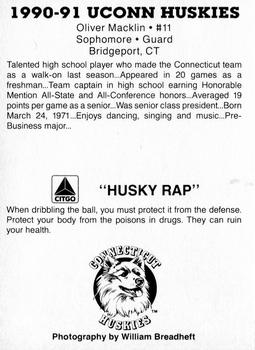 1990-91 Connecticut Huskies #NNO Oliver Macklin  Back