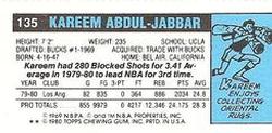 1980-81 Topps - Singles #135 Kareem Abdul-Jabbar Back