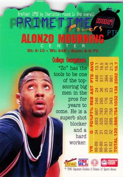 1996 Signature Rookies Premier - Primetime Powers #PT5 Alonzo Mourning Back