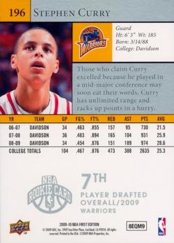 2009-10 Upper Deck First Edition #196 Stephen Curry Back