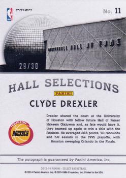 2013-14 Panini Select - Hall Selections Signatures Prizms Purple #11 Clyde Drexler Back
