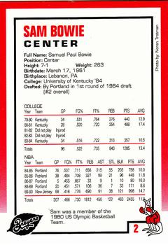 1990-91 Kayo Breyer's New Jersey Nets #2 Sam Bowie Back