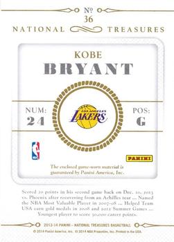 2013-14 Panini National Treasures - NBA Materials #36 Kobe Bryant Back