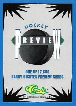 1993 Classic Draft Picks - Hockey Previews #NNO Barry Richter Back