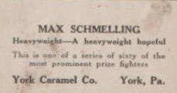 1927 E211 York Caramel Prizefighters #3 Max Schmeling Back