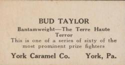 1927 E211 York Caramel Prizefighters #20 Bud Taylor Back