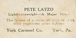 1927 E211 York Caramel Prizefighters #25 Pete Latzo Back