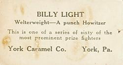 1927 E211 York Caramel Prizefighters #54 Billy Light Back
