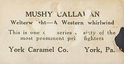 1927 E211 York Caramel Prizefighters #55 Mushy Callahan Back