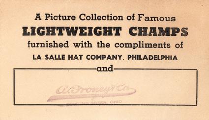 1936 La Salle Hats Lightweight Champs #NNO Kid Lavigne Back