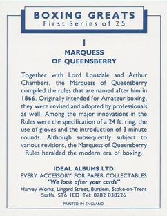 1991 Ideal Albums Boxing Greats #1 Marquess of Queensbury Back