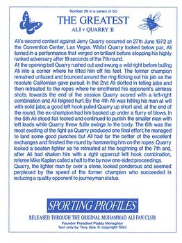 1993 Sporting Profiles - The Greatest #26 Ali v Quarry II Back