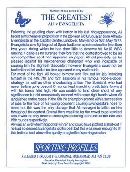 1993 Sporting Profiles - The Greatest #45 Ali v Evangelista Back