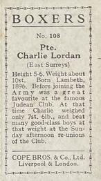 1915 Cope Bros. Boxers #108 Pte. Charlie Lordan Back