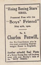 1922 Boys’ Friend Rising Boxing Stars #4 Charles Penwill Back