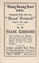 1922 Boys’ Friend Rising Boxing Stars #14 Frank Goddard Back