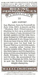 1990 Imperial Tobacco Co. 1938 Churchman's Boxing Personalities (Reprint) #18 Len Harvey Back