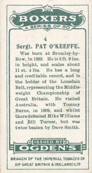 1915 Ogden’s Boxers #4 Pat O'keefe Back