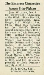 1923 Burstein Isaacs & Co. Famous Prize Fighters #9 Jess Willard Back