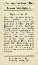 1923 Burstein Isaacs & Co. Famous Prize Fighters #17 Albert Badoud Back