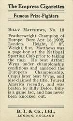 1923 Burstein Isaacs & Co. Famous Prize Fighters #18 Billy Matthews Back