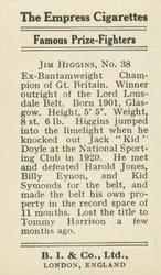 1923 Burstein Isaacs & Co. Famous Prize Fighters #38 Jim Higgins Back
