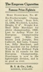 1923 Burstein Isaacs & Co. Famous Prize Fighters #40 Mike Honeyman Back