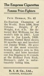 1923 Burstein Isaacs & Co. Famous Prize Fighters #42 Pete Herman Back
