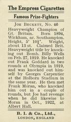 1923 Burstein Isaacs & Co. Famous Prize Fighters #46 Joe Beckett Back