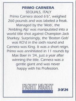 1992 Fight Night Faces #3 Primo Carnera Back