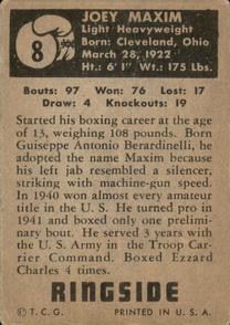 1951 Topps Ringside #8 Joey Maxim Back