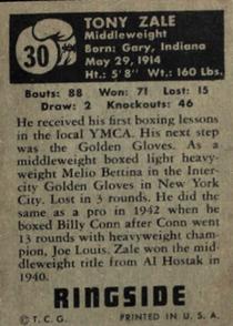 1951 Topps Ringside #30 Tony Zale Back