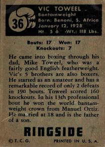 1951 Topps Ringside #36 Vic Toweel Back