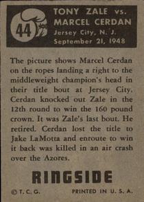 1951 Topps Ringside #44 Tony Zale vs. Marcel Cerdan Back