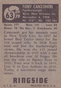 1951 Topps Ringside #63 Tony Canzoneri Back