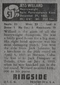 1951 Topps Ringside #51 Jess Willard Back