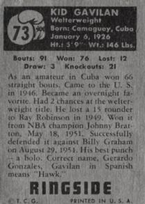 1951 Topps Ringside #73 Kid Gavilan Back