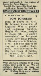 1938 Cartledge Razors Famous Prize Fighters #3 Tom Johnson Back