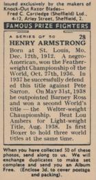 1938 Cartledge Razors Famous Prize Fighters #28 Henry Armstrong Back
