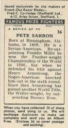 1938 Cartledge Razors Famous Prize Fighters #36 Pete Sarron Back