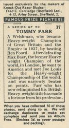 1938 Cartledge Razors Famous Prize Fighters #37 Tommy Farr Back