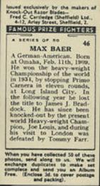 1938 Cartledge Razors Famous Prize Fighters #46 Max Baer Back